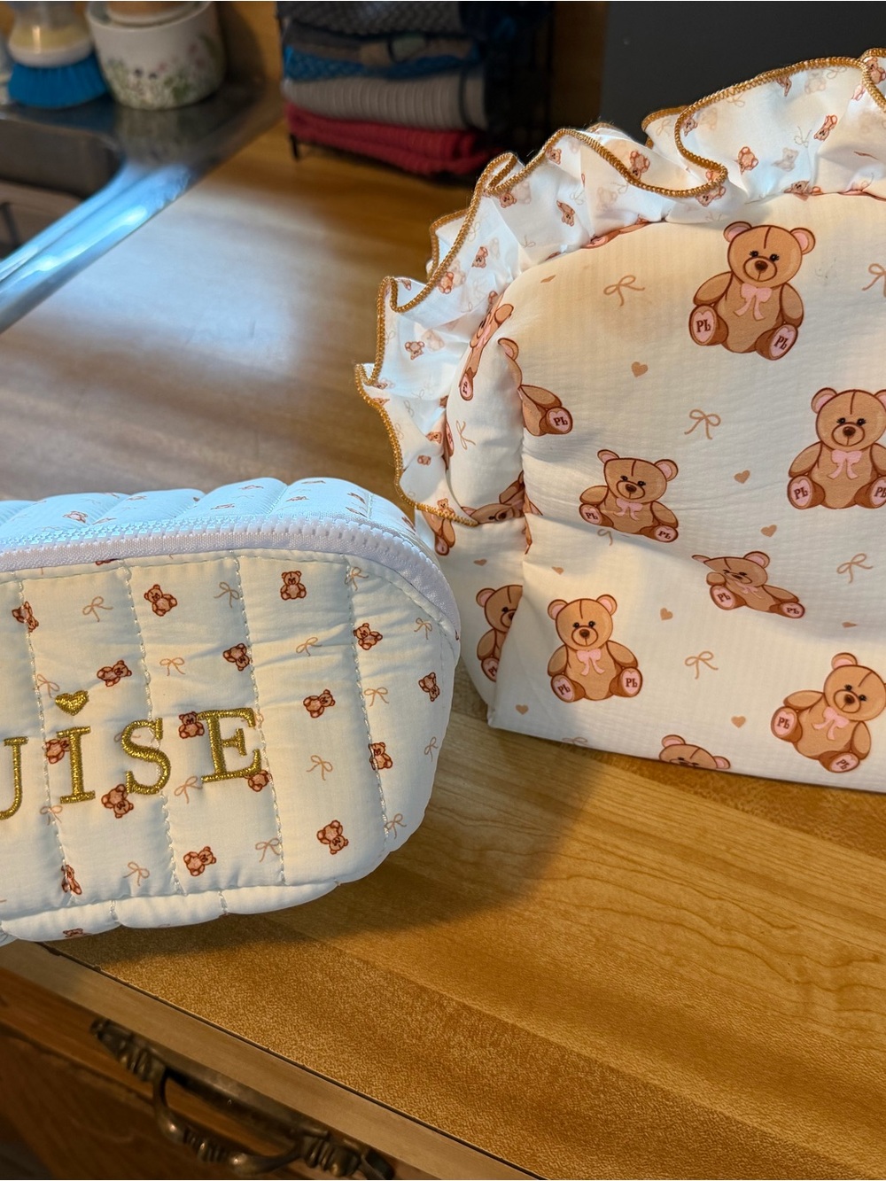 Pink Teddy-Print Quilted Cosmetic Pouch Set